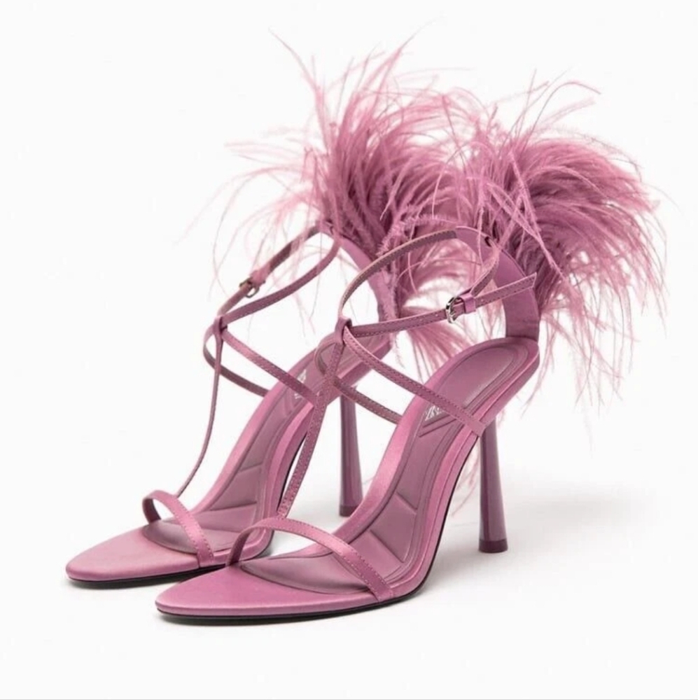 Zara Pink Feather Heels - Brand New